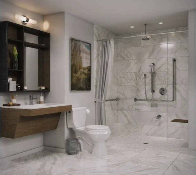 Marble-look accessible bathroom with a curbless roll-in shower, grab bars, a fold-down seat and a wall-mounted vanity with open knee space