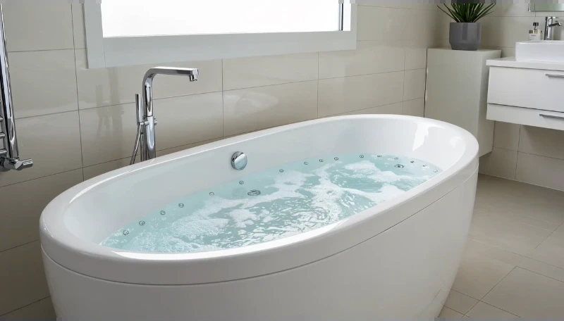 Oval white air tub with fine bubble jets beside a window and a floating vanity