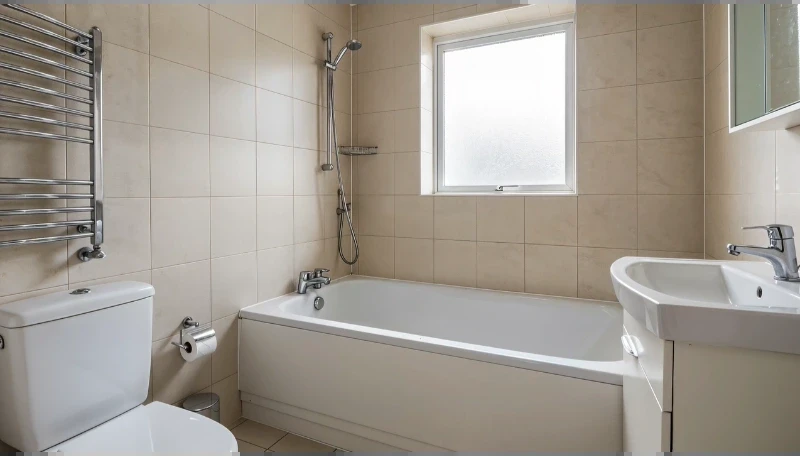 Cream tiled bathroom with a built-in tub, handheld shower, heated towel rail and frosted window