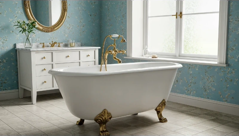 Clawfoot tub with gold feet in a bathroom with blue floral wallpaper