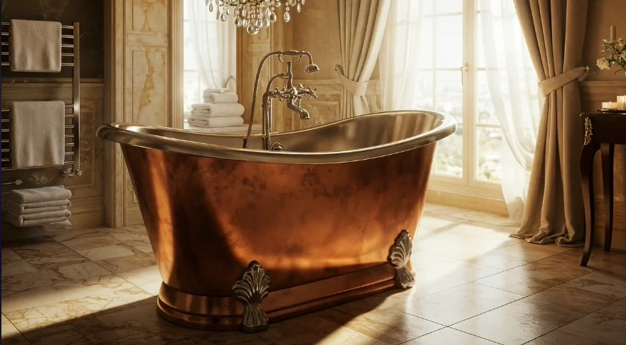 Hammered copper slipper tub with ornate feet in a warm, sunlit bathroom