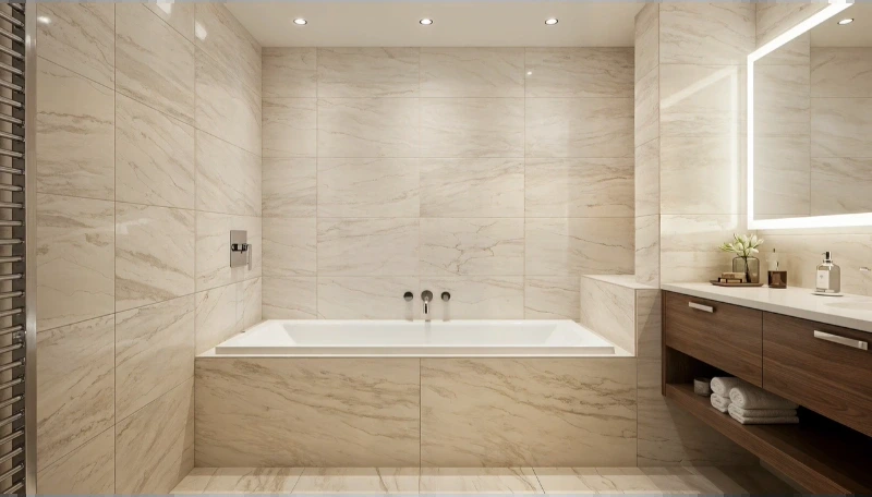 Rectangular tub set into a tiled platform with stone-look walls and a lit mirror