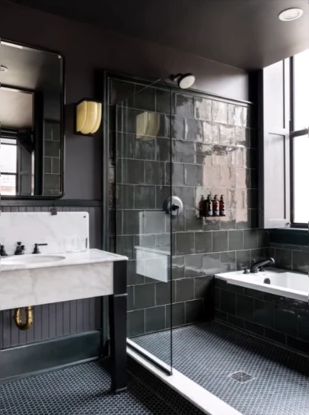 Dark tile bathroom with a glass-screen shower next to a drop-in tub