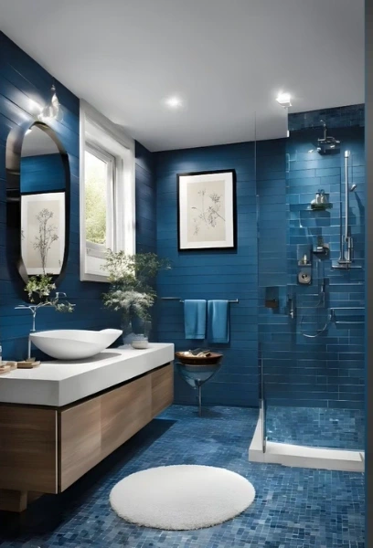 Small bathroom with blue wall tile, a mosaic floor and a floating vanity with vessel sink