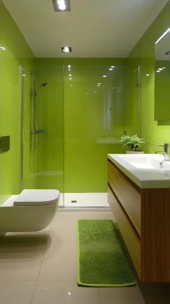 Small bathroom with a lime green wall, wood vanity and wall-hung toilet