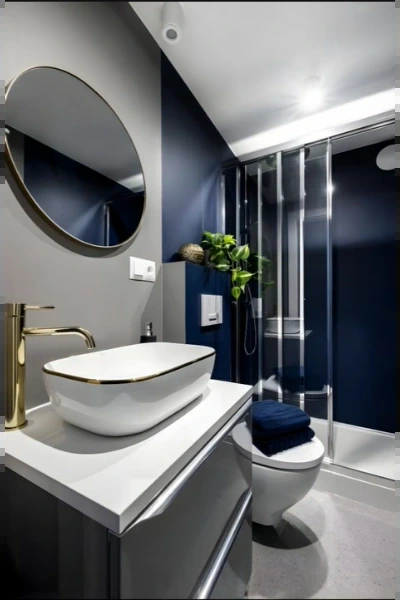Bathroom with a navy accent wall, gold faucet on a vessel sink and a round mirror