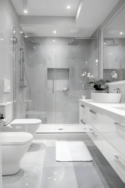 Bright white and gray bathroom with a glass shower, recessed niche and white vanity