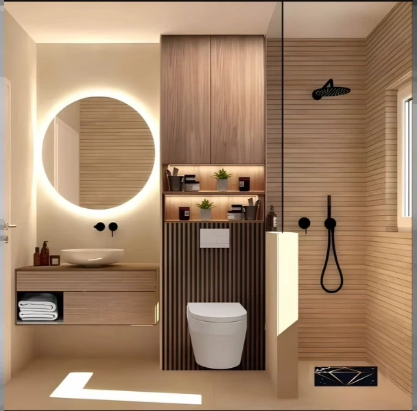 Small bathroom with wood slat walls, a glowing round mirror, wall-hung toilet and black fixtures