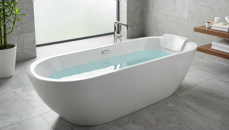 White freestanding tub with a headrest and floor-mounted filler on gray tile
