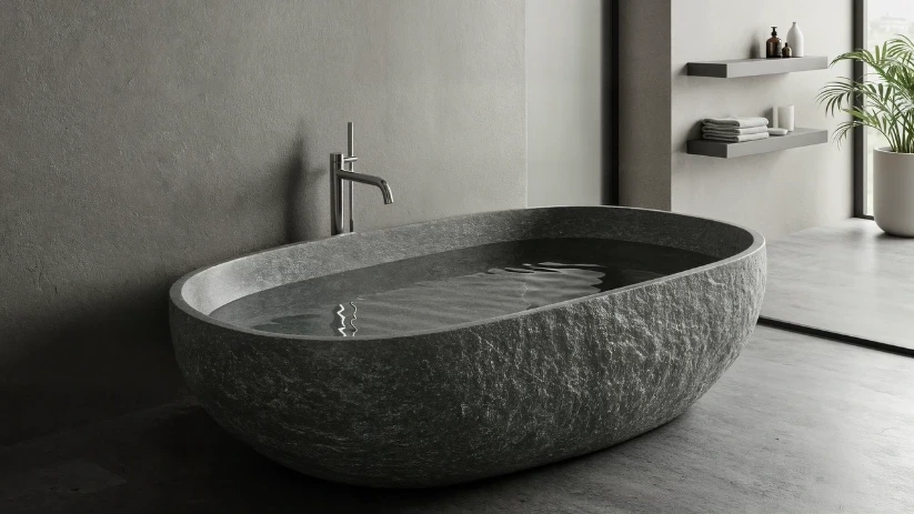 Oval stone soaking tub with a rough-cut exterior in a gray concrete bathroom