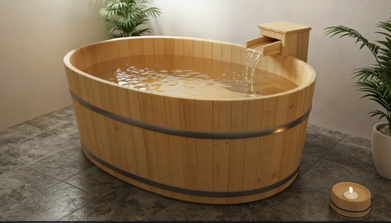 Round wooden soaking tub with metal bands and a waterfall spout