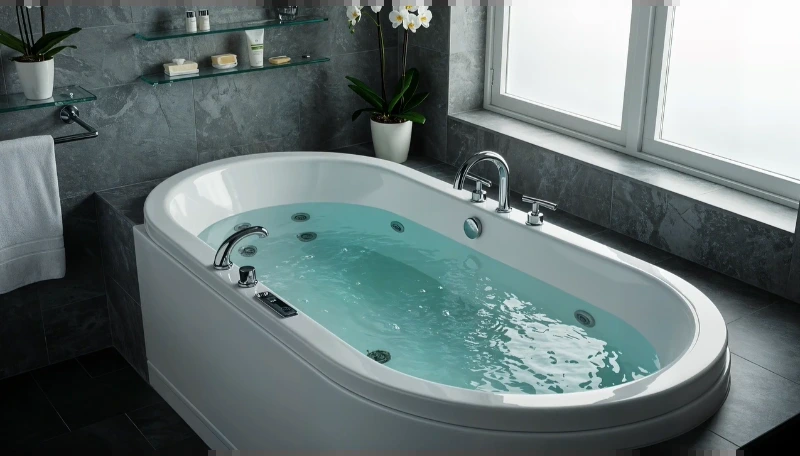 Oval jetted tub in a dark stone-tile bathroom with a window