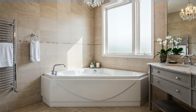 Remodeled bathroom with a corner soaking tub, beige stone-look tile, a gray furniture-style vanity and a heated towel rail