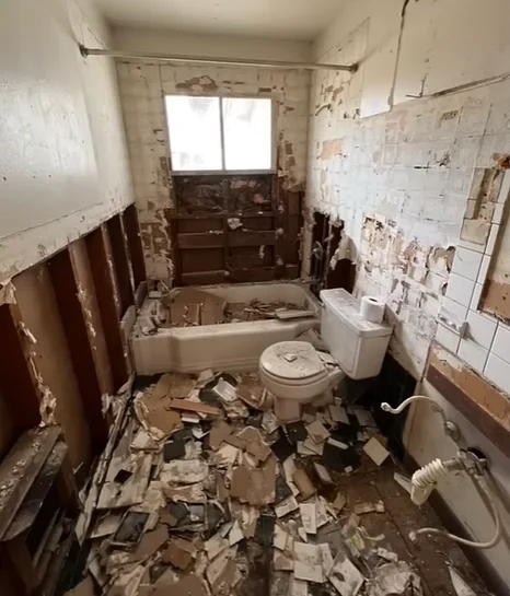 Gutted bathroom with torn-out tile, open walls and debris around the tub and toilet