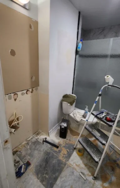 Bathroom mid demolition with torn wall panels, an old glass shower door and a ladder