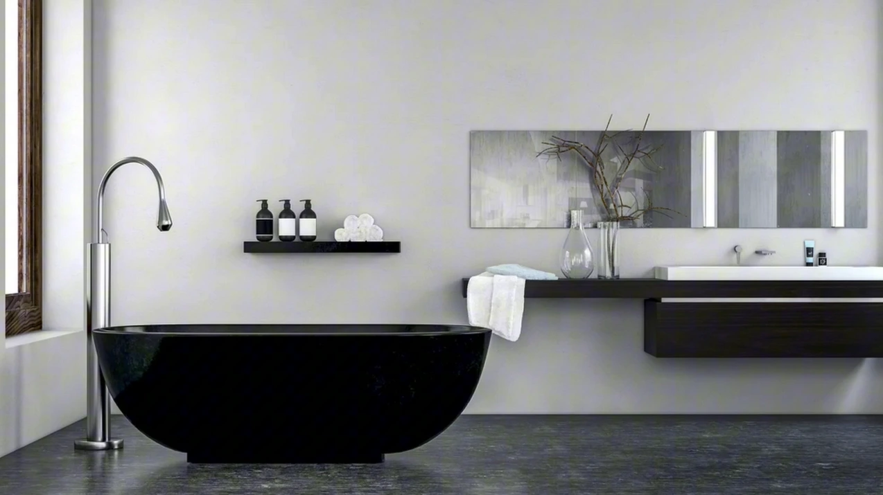 Modern remodeled bathroom with a black freestanding tub, floor-mounted chrome faucet and a floating dark wood vanity with a wide sink