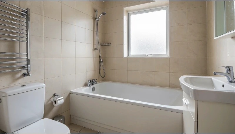 Small bathroom with beige tile, a built-in tub, a compact sink and a frosted window