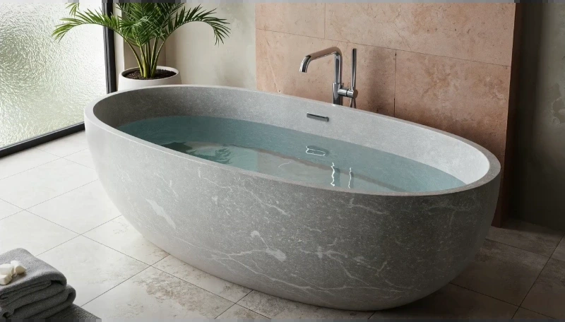 Smooth marble-look stone tub with a floor-mounted faucet and a palm plant